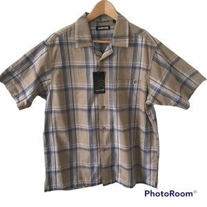 Solaris Mens Short Sleeve Button Up Plaid Camp Shirt L Khaki Blue Outdoors $45